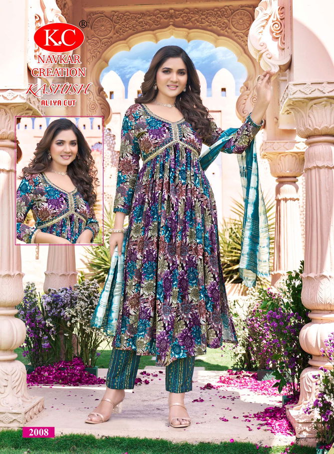 Kashish By Navkar Alia Cut Rayon Printed Kurti With Bottom Dupatta Wholesale Shop In Surat